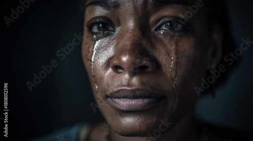 A close-up view shows a woman in low light, with tears streaming down her face. Her expression reveals sadness and vulnerability while capturing a profound moment of emotion.