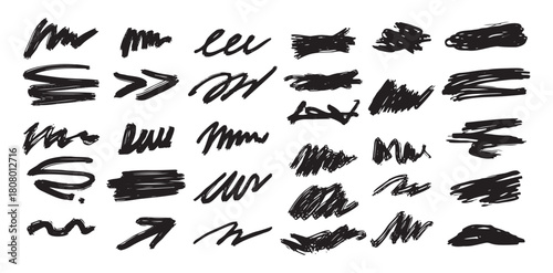 Black abstract brushstrokes, lines, squiggles and swirls set. Vector hand drawn illustration for decorations and various designs.