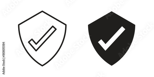 Shield check mark icon with thin line and flat web symbol on white background