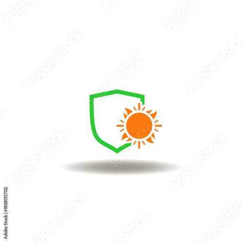 Vector illustration of shield with sun. Icon of uv protection. Symbol of organic product skin care cosmetic eco friendly.