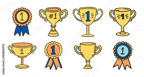 Trophy and award medal set with number 1 golden cups, hand drawn doodle