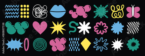 Naive retro playful abstract shapes sticker set. Abstract trendy shapes 90s 00s style. wavy and spiral elements.