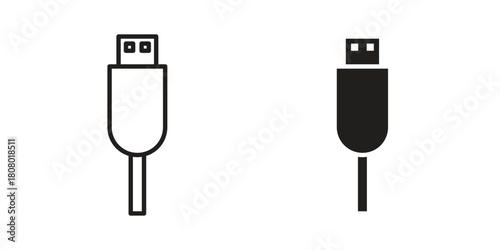 USB icon with thin line and flat web symbol on white background