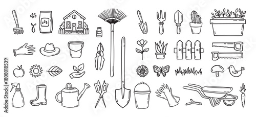 Gardener tools hand drawn doodle icons set. Hobby gardening. Garden items for plant care and backyard cleaning. Garden line clipart.