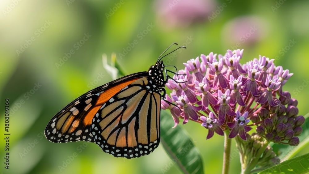 Fototapeta premium A close-up side view of a Monarch butterfly feeding on a pink milkweed flower.