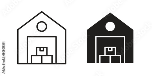 Warehouse icon with thin line and flat web symbol on white background