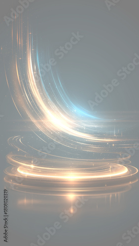 金と青の光が渦巻く未来的なステージ