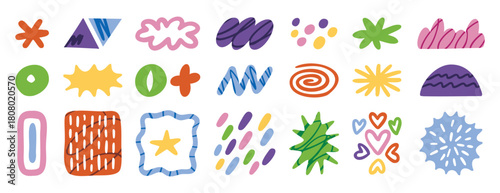 Abstract doodle elements with spirals, plants and wavy lines in naive style. Hand drawn.