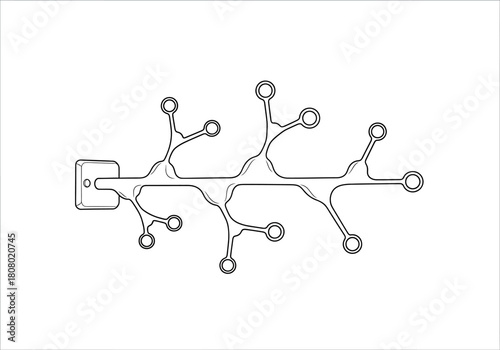 Black and white diagram of a branching structure with circular terminals and a mounting plate