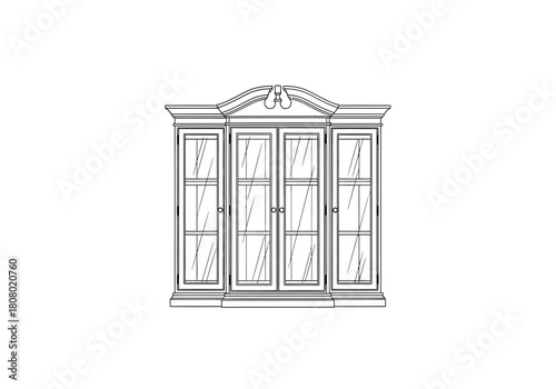 Architectural drawing of a fourpanel window unit with decorative pediment