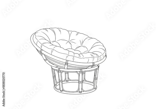 Black and white line drawing of a circular cushioned rattan chair