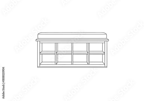 Black and white line drawing of a storage bench with eight cubbies and a cushion top
