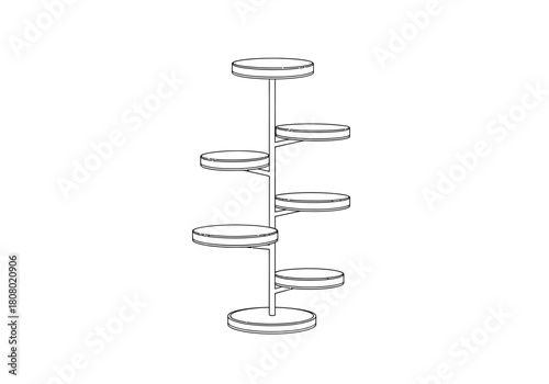 Black and white line drawing of a multitiered vertical shelving unit with round shelves