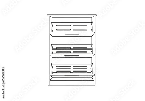 Black and white line drawing of a tall narrow fourlevel tilting shoe cabinet