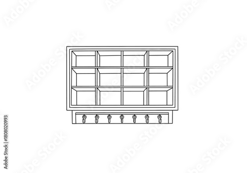 Black and white line drawing of a threetier cubby shelf with hanging hooks below