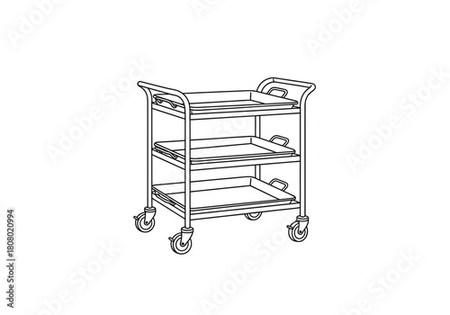 Black and white line drawing of a threetiered utility cart holding trays