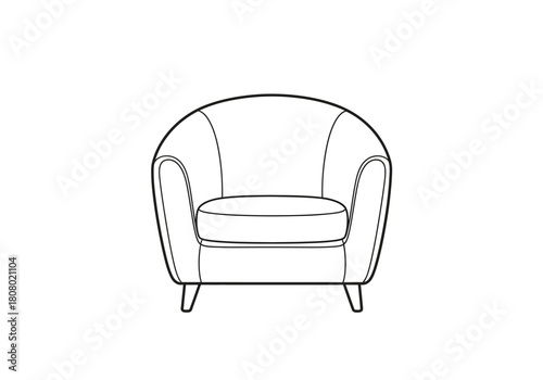 Black outline drawing of a rounded armchair with a cushion and four legs