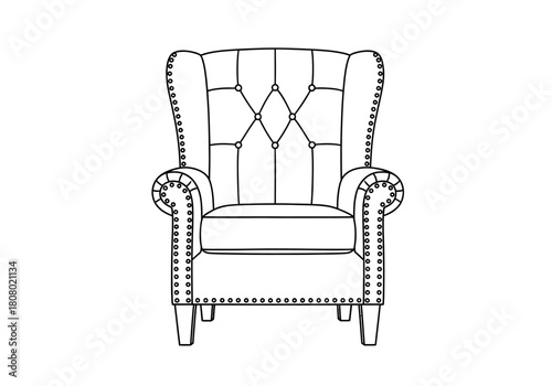 Line art drawing of a tufted wingback armchair with nailhead trim