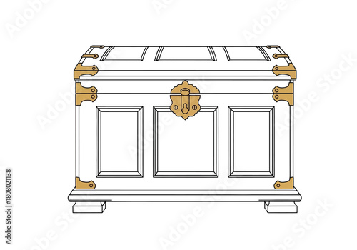 Line art drawing of a white wooden trunk with brass hardware