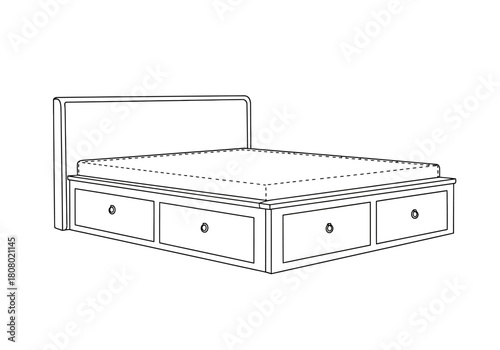 Line drawing of a bed frame with storage drawers and a headboard