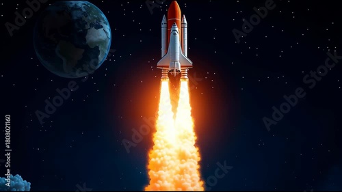 Rocket Launching into Space with Bright Flames and Dramatic Clouds