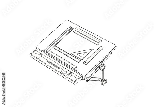 Line art drawing of an adjustable drafting table with tools