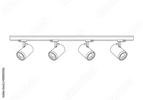 Line drawing of a fourlight track lighting fixture with adjustable cylindrical heads