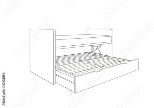 Line drawing of a daybed with a pullout trundle drawer mechanism extended