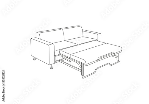 Line drawing of a sofa bed partially converted to a bed