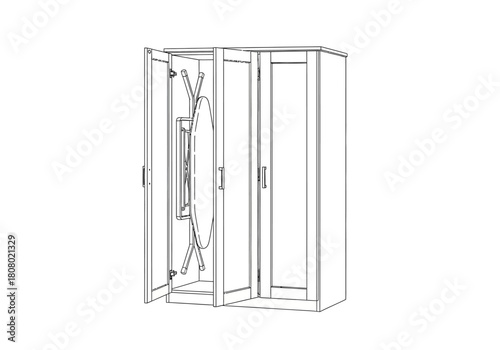 Line drawing of a storage cabinet with a folded ironing board inside