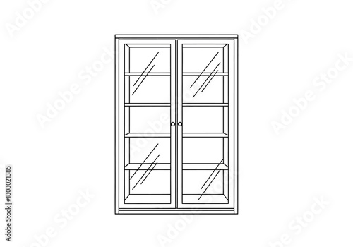 Line drawing of a tall twodoor glass display cabinet with three internal shelves