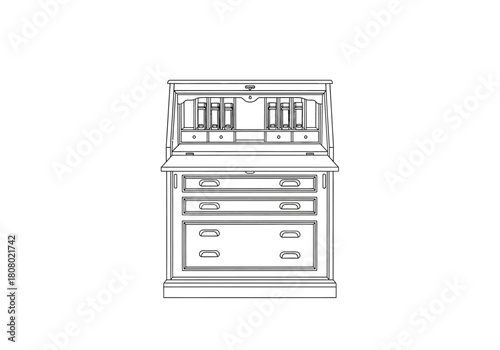 Line drawing of an open secretary desk with interior compartments and lower drawers