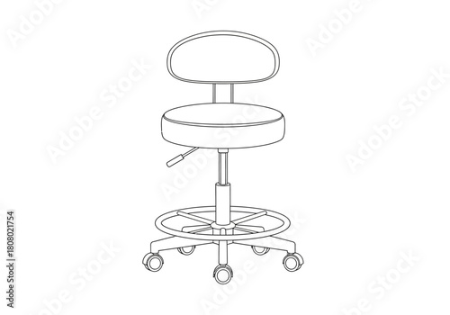 Line drawing of an adjustable stool with a backrest and casters