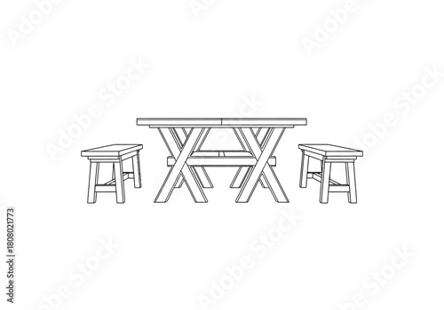 Line drawing of an outdoor wooden table with Xstyle trestle legs and two stools