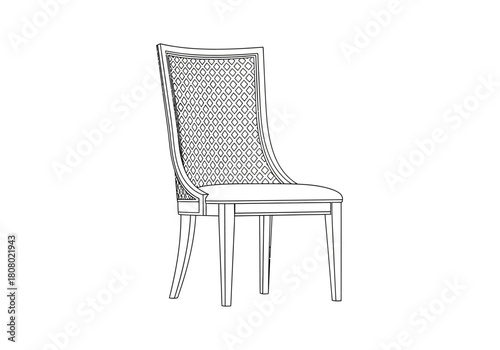 Outline drawing of a highback upholstered dining chair with patterned fabric