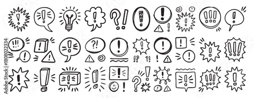 Hand drawn exclamation mark doodle speech bubbles set. Comic chat balloon collection. Sketch style communication elements vector
