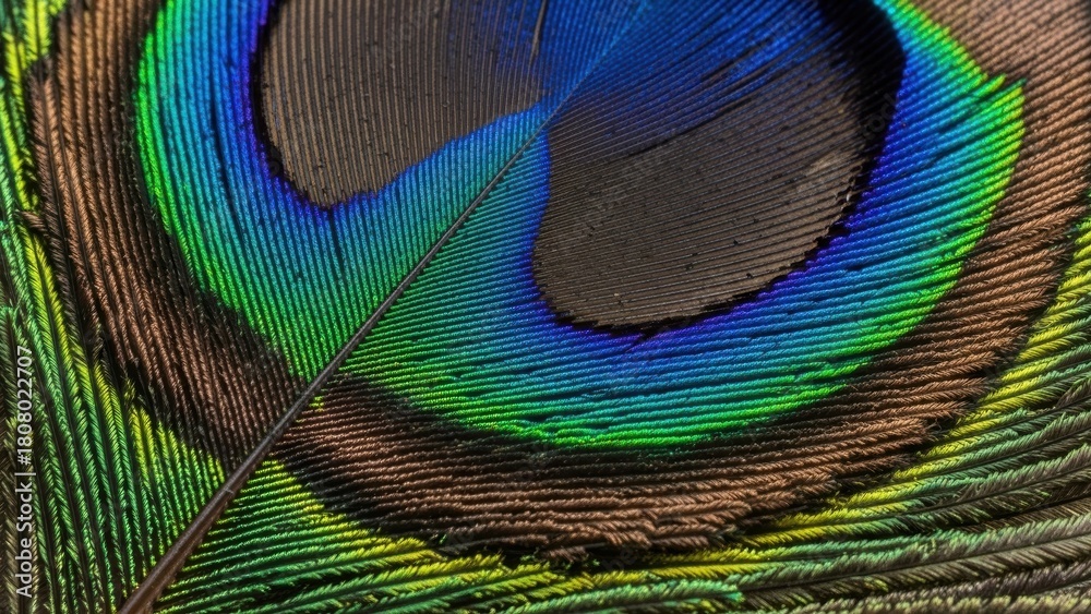Obraz premium A close-up macro photograph of the vibrant, iridescent colors of a peacock feather.