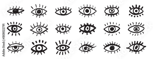 Grunge eyes hand drawn doodle icon set. Open black eyes with bold line. Monochrome eye element