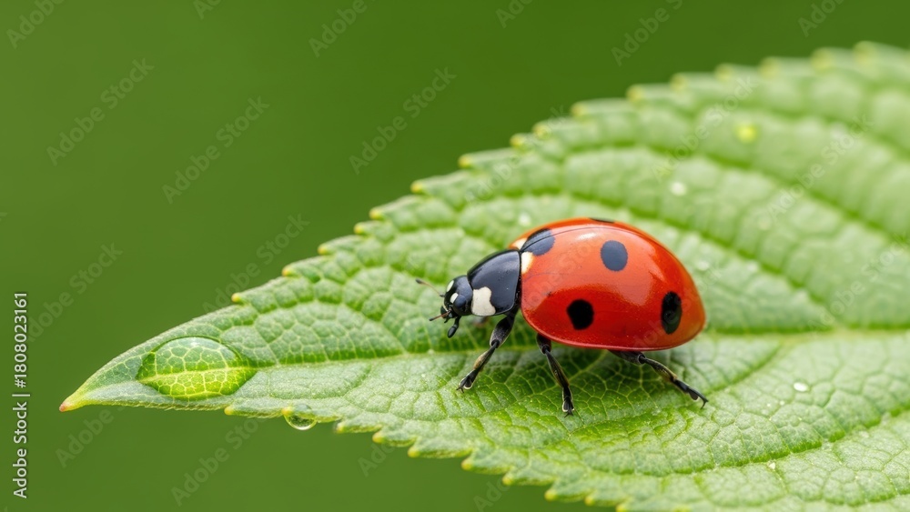 Fototapeta premium A ladybug on a green leaf with a perfect drop of water.
