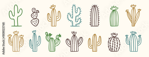 Collection of doodle wild west cactus icons in minimal desert style, hand drawn cacti