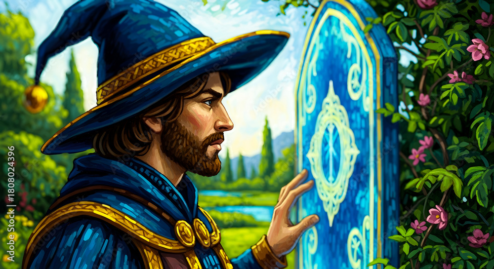 Obraz premium Mystical Wizard Contemplates a Magic Portal, Surrounded by Nature's Serenity
