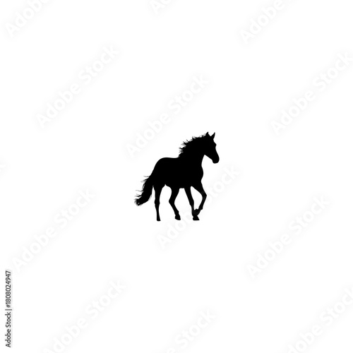 A silhouette of a horse running with its mane flowing in the wind on a plain white background image here