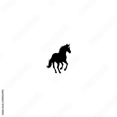 A silhouette of a horse running with its mane flowing in the wind against a white background image view