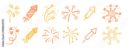 Hand drawn fireworks doodle set celebration line art design