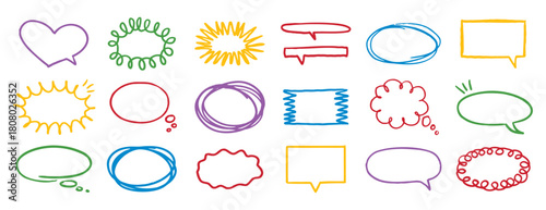 Colorful outline speech bubble set. pencil message form or clouds. Grunge style line frames.