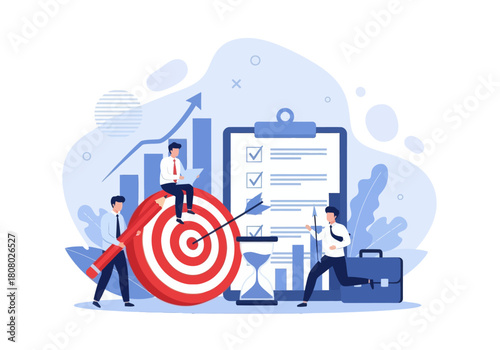 Business teamwork achieving goals with target, checklist, analytics, and project planning. Ideal for productivity, strategy, and goal-setting concepts.