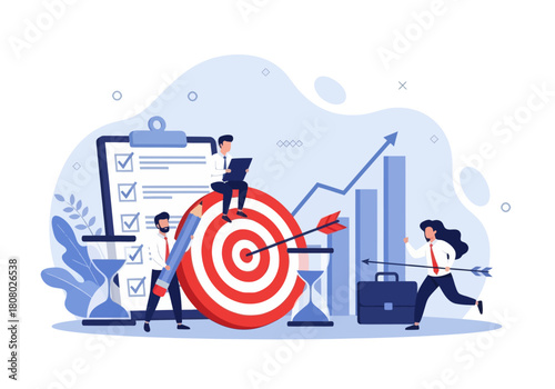 Business teamwork achieving goals with target, checklist, analytics, and project planning. Ideal for productivity, strategy, and goal-setting concepts.