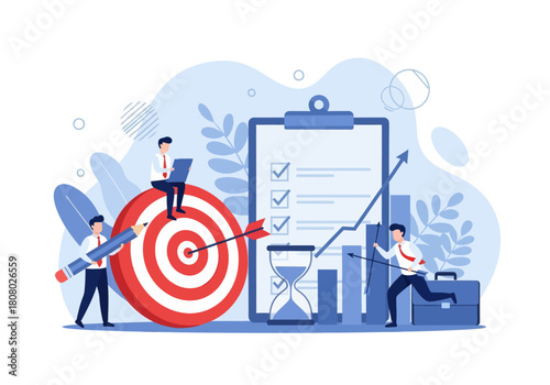Business teamwork achieving goals with target, checklist, analytics, and project planning. Ideal for productivity, strategy, and goal-setting concepts.