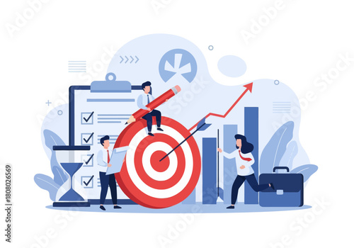 Business teamwork achieving goals with target, checklist, analytics, and project planning. Ideal for productivity, strategy, and goal-setting concepts.