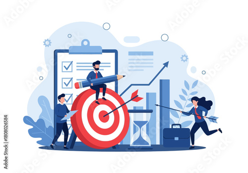 Business teamwork achieving goals with target, checklist, analytics, and project planning. Ideal for productivity, strategy, and goal-setting concepts.